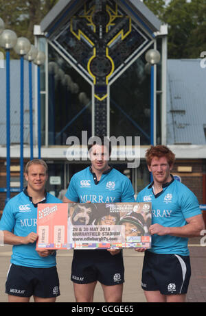 Scotland 7s internationalistes (de droite) Roddy Grant, John Houston et Andrew Turnbull pendant Emirates Airline Edinburgh 7s promotion photocall à Heriot-Watt University, Édimbourg. Banque D'Images