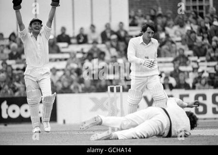 Cricket - Trophée Prudential - Third One Day International - Angleterre v Australie - The Oval.Derek Randall, en Angleterre, est capturé et sous les chapeaux de six ans par Ray Bright, d'Australie.Le gardien de cricket australien Richie Robinson, à gauche, célèbre. Banque D'Images