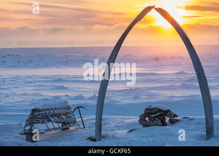 Portiques de baleine au coucher de soleil au bord de l'océan Arctique à Barrow, versant nord, l'Alaska arctique, l'hiver Banque D'Images