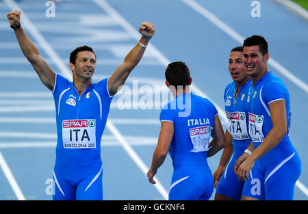 Athlétisme - Championnats d'Europe IAAF 2010 - 6e jour - Stade olympique.L'équipe italienne célèbre sa médaille d'argent dans le relais hommes 4x100 lors des Championnats d'athlétisme européens, à Barcelone Banque D'Images