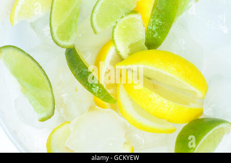 Les tranches de citron et de lime dans la glace Banque D'Images