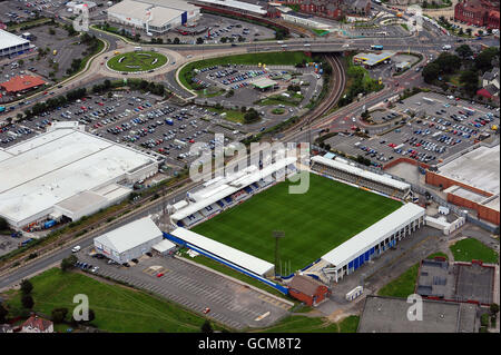 Vue aérienne de Victoria Park, stade de Hartlepool United. Banque D'Images