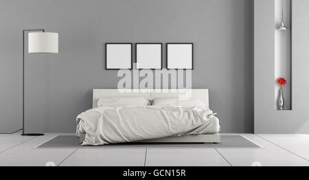 Blanc et gris, avec un lit double chambre à coucher moderne - le rendu 3D Banque D'Images