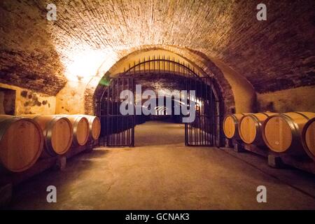 Cave avec cave à vin édition spéciale en attente de barils pendant quelques années jusqu'à ce qu'il est prêt au Château la Nerthe. Banque D'Images