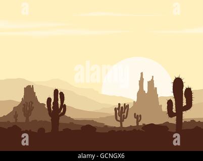 Coucher du soleil dans le désert de pierre avec cactus Illustration de Vecteur