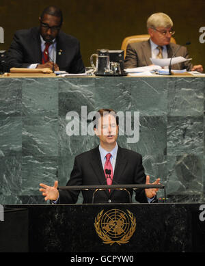 Le Vice-Premier Ministre Nick Clegg s'adresse aujourd'hui à l'Assemblée générale des Nations Unies à New York. Banque D'Images