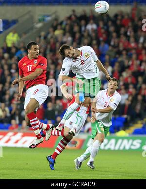 Football - UEFA Euro 2012 - qualification - Groupe G - pays de Galles / Bulgarie - Cardiff City Stadium.Hal Robson-Kanu (à gauche) du pays de Galles a tiré sur un but remis en question par Pavel Vidanov (à droite) Banque D'Images