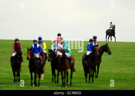 Courses hippiques - week-end d'automne - Hippodrome de Newmarket.Argocat monté par Frankie Dettori (haut) mène son cheval en arrière après avoir remporté les titres de jeune fille d'assurance anglo-saxonne de l'E.B.F. Banque D'Images