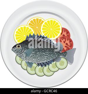 Le poisson cuit et les légumes sur une plaque Illustration de Vecteur