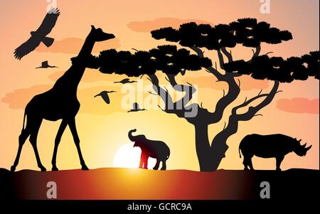 Girafe, rhinocéros et d'éléphants en Afrique Illustration de Vecteur