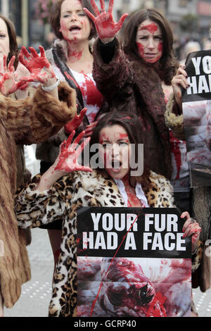 Des activistes du Animal Rights action Network (ARAN) protestent sur la rue O'Connell de Dublin contre les fermes à fourrure. Banque D'Images