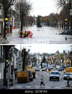 Un composite de photos de (en haut) Cockermouth High Street à Cumbria, après la pluie torrentielle a fait éclater les rivières leurs berges; et (en bas) la même vue d'un an plus tard. Banque D'Images