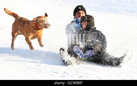 Les enfants apprécient la neige au parc Kelvingrove, à Glasgow, tandis que le grand gel resserre son emprise sur la nation. Banque D'Images