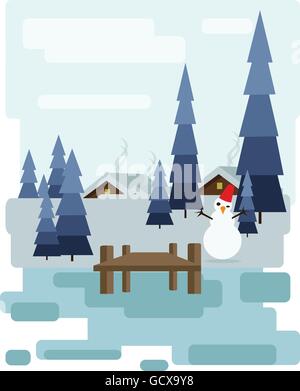 Résumé La conception de paysage avec arbres et nuages blancs, une maison avec de la fumée, un bonhomme de neige heureux, dans une forêt en hiver, télévision Illustration de Vecteur