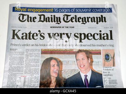 Couverture de la presse britannique de l'engagement du Prince William and Kate Middleton dans le Daily Telegraph Banque D'Images