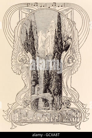 "Monsalvat, le château du Graal." Franz Stassen (1869-1949) illustration pour "Parsifal" de Richard Wagner (1813-1883). Klingsor's magic palace dans le sud de l'Espagne, la notation musicale en haut est à partir de l'Acte 1 avec les anges des deux côtés de sonner des cloches. Voir la description pour plus d'informations. Banque D'Images