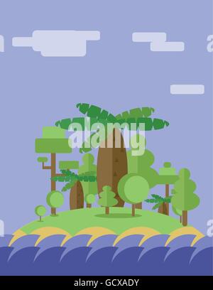 Résumé La conception de paysage avec des arbres, les nuages et les vagues de l'océan, une île ion télévision style. Digital image vectorielle. Illustration de Vecteur