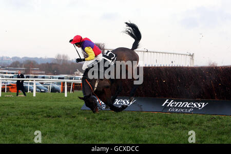 Hey Big Spender, monté par Aidan Coleman, tombe dans la Hennessy Gold Cup à l'hippodrome de Newbury, Berkshire. Banque D'Images