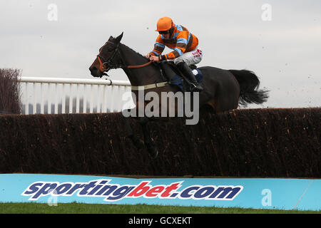 Courses hippiques - le Festival d'hiver - Hippodrome de Newbury.Le jockey Sam Twiston-Davies sur Hell's Bay saute le dernier dans le Chase de novices de Rooney/Hall Banque D'Images