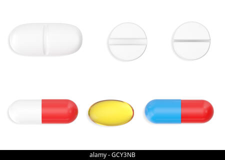 Comprimés, capsules et comprimés set isolé sur fond blanc. 3d illustration Banque D'Images