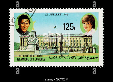 Timbre-poste de Congo représentant le Prince Charles et Lady Diana, le palais de Buckingham, 1981 mariage royal. Banque D'Images