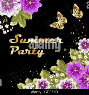 Fleurs violettes sur fond noir. Illustration de Vecteur