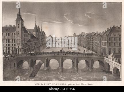 PARIS : Pont-au-Change, prise du Pont Notre Dame. L'aquatinte, antique print 1808 Banque D'Images