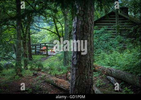 Log cabin historique construit par le Civilian Conservation Corps sur le lac en Trahlyta North Georgia's Parc d'état de Vogel. (USA) Banque D'Images