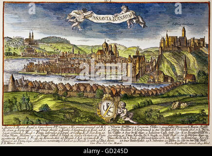 Géographie / voyage, Allemagne, Passau, vue, gravure sur cuivre de couleur par Friedrich Bernhard Werner, publié par Martin Engelbrecht, Augsburg, 1730/1740, n'a pas d'auteur de l'artiste pour être effacé Banque D'Images