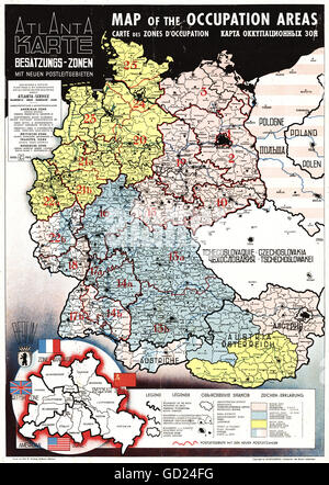 Cartographie, cartes, Allemagne et Autriche, zones d'occupation alliées et codes postaux allemands, Atlantic Service, Francfort-sur-le-main, 1945, droits additionnels-Clearences-non disponible Banque D'Images