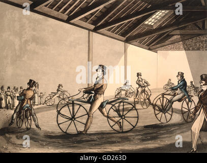 Transport / transport, véhicules à deux roues, voiture avec chauffeur, Johnson's Petrian Hobbyhorse Riding School, arène pour la pratique de la roue de course, aquatint par Henry Alken, coloré, publié: 17.4.1819, droits additionnels-Clearences-non disponible Banque D'Images