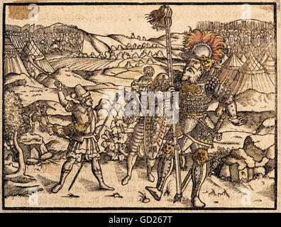 Religion, scènes bibliques, David et Goliath, bois de couleur de l'atelier de Jost Amman, Nuremberg, vers 1570, droits additionnels-Clearences-non disponible Banque D'Images