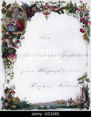 Fête, cartes de voeux, carte de Noël manuscrite, chromolithographie, gaufrage or, 26 x 21.8 cm, 1868, collection privée, droits supplémentaires-Clearences-non disponible Banque D'Images