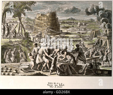 La religion, scènes bibliques, construction de la Tour de Babel, de couleur gravure sur cuivre par Jan Goeree, Amsterdam, 1730, copyright de l'artiste n'a pas à être effacée Banque D'Images