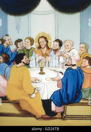 Beaux-arts, art religieux, "La sainte Cène", inverser la peinture sur verre, Oberammergau, 1ère moitié 19e siècle, le Musée d'Oberammergau, , n'a pas d'auteur de l'artiste pour être effacé Banque D'Images