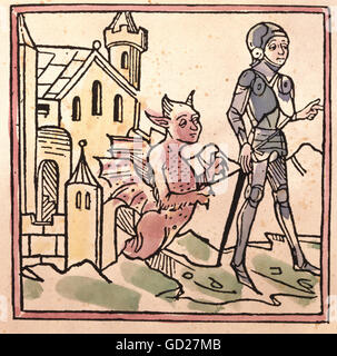 Superstition, démons, fille de Hippocrate régnant comme dragon sur l'île de Longedes (COS), après les rapports de voyage de Johann von Mandeville, la coupe de bois colorée de l'impression incunabulum de A. Sorg, Augsbourg, Allemagne, 1481, droits additionnels-Clearences-non disponible Banque D'Images