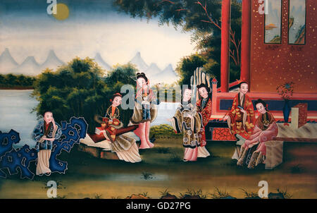 Beaux-arts, peinture, inverser la peinture sur verre, sept femmes dans un jardin, dans le fond d'un lac dans les montagnes, en Chine, fin du xixe siècle, musée du textile, de la Souabe, fondation Sandtner Mindelheim, l'Allemagne, l'artiste n'a pas d'auteur pour être effacé Banque D'Images