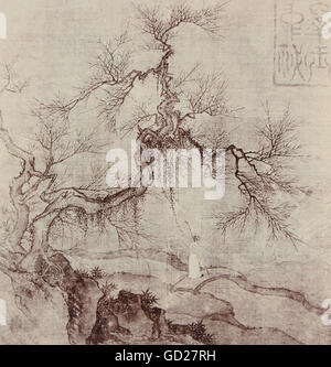 Beaux-arts, peinture, paysage avec un ruisseau et un voyageur sur une passerelle, à l'encre de chine sur soie, Chine, Lee Tang, dynastie des Song (960 - 1127), National Museum, Taipei, auteur de l'artiste n'a pas à être effacée Banque D'Images