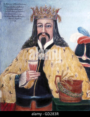 Alcool, bière, roi Gambrinus, inventeur présumé de la bière brassicole, image, peinture, huile sur panneau de bois, peintre inconnu, Bavière, milieu du XIXe siècle, dirigeant, couronne, boire, historique, historique, beaux-arts, peuple, droits additionnels-Clearences-non disponible Banque D'Images