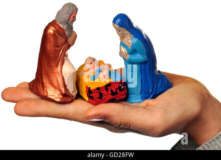 Noël, berceaux, scène de Nativité sur la main, figurines en argile, peint à la main, Allemagne, années 1980, droits supplémentaires-Clearences-non disponible Banque D'Images