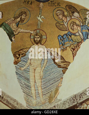 Beaux-arts, moyen-âge, byzantine, mosaik, le baptême du Christ dans le Jourdain, coupole de l'église de Daphni, Grèce, vers 1100, l'artiste n'a pas d'auteur pour être effacé Banque D'Images