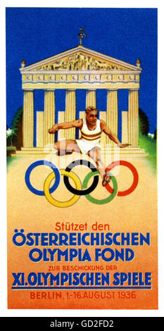 Sports, Jeux Olympiques, Berlin 1.- 16.8.1936, propagande, affiche de la fond Olypique autrichienne, 1936, publicité, Autriche, jeux d'été, XI Olympiade, Allemagne, années 1930, 20e siècle, historique, historique, peuple, droits additionnels-Clearences-non disponible Banque D'Images