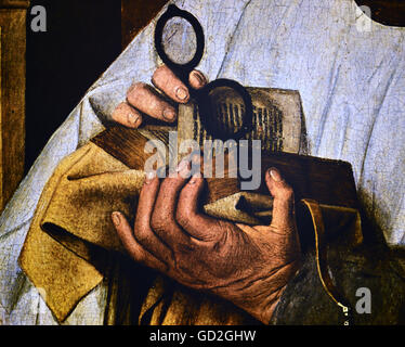 Médecine, lunettes / ophtalmologie, canon avec verres, par Jan van Eyck (1390 - 1441 UM), peinture, 'Vierge et enfant avec Canon van der Paele', 1436, détail, Musée communal des Beaux Arts, Bruges, , droits additionnels-Clearences-non disponible Banque D'Images