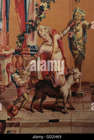 Beaux-arts, tapisserie, danseurs dans l'architecture fantastique, détail, danseur décorant herm de Pan avec des fleurs, à partir de la série grotesques, par Philippe Behagle, après conception par Jean Bérain, Manufacture de Beauvais, vers 1700, la soie, la laine, tricotés, 326,5 x 317 cm, Musée d'état de Bade, château de Bruchsal, d'auteur de l'artiste n'a pas à être effacée Banque D'Images