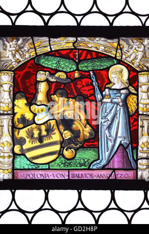 Beaux-arts, inverser la peinture sur verre, disque d'Apollonie de Balmos, épouse du chevalier de Wernher Meken, Zurich l'école, 1520, verre, 47 x 49 cm, ancien monastère cistercien Maris Stella, Wettingen, auteur de l'artiste n'a pas à être effacée Banque D'Images