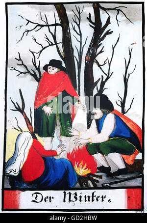 Saisons, 'hiver de er' (l'hiver), paysans se réchauffant au feu de camp, peinture de verre inversé, atelier Noder, Seehausen sur Staffelsee, 18ème / 19ème siècle, musée local, Oberammergau, droits additionnels-Clearences-non disponible Banque D'Images