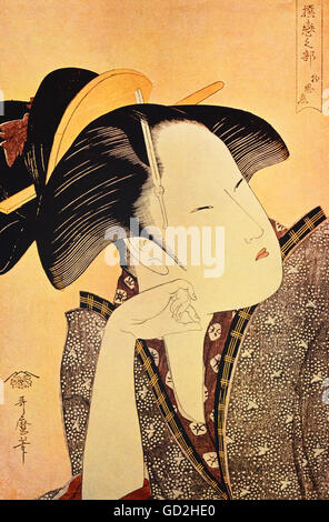 Beaux-arts, Kitagawa Utamaro, (1753 - 1806), graphique, 'Mono-omou-koi' (Nostalgie amour), début du xixe siècle, la gravure sur bois en couleur, collection privée, l'artiste n'a pas d'auteur pour être effacé Banque D'Images