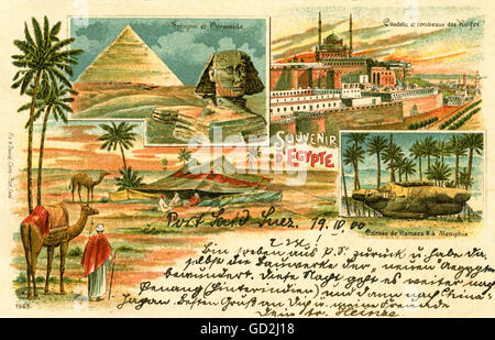 Géographie / Voyage, Egypte, tourisme, souvenir d'Egypte du Caire, Gizah, Port Said, carte postale de vacances, envoyer au 20 avril 1900 à Suez, 1900, droits additionnels-Clearences-non disponible Banque D'Images