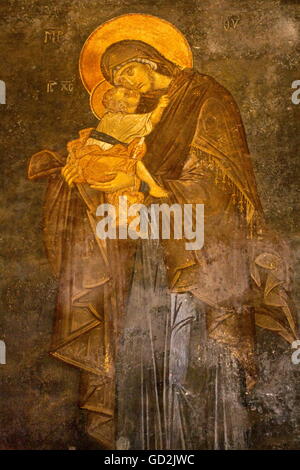 Beaux-arts, l'art religieux, la fresque "Vierge Marie avec l'enfant Jésus' dans l'église de Chora Kariye, Muezesi, Istanbul, l'artiste n'a pas d'auteur pour être effacé Banque D'Images