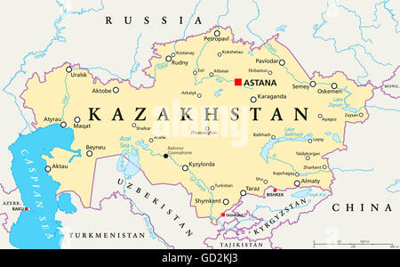 Carte politique du Kazakhstan à Astana, capitale des frontières nationales, d'importantes villes, rivières et lacs. République d'Asie centrale. Banque D'Images